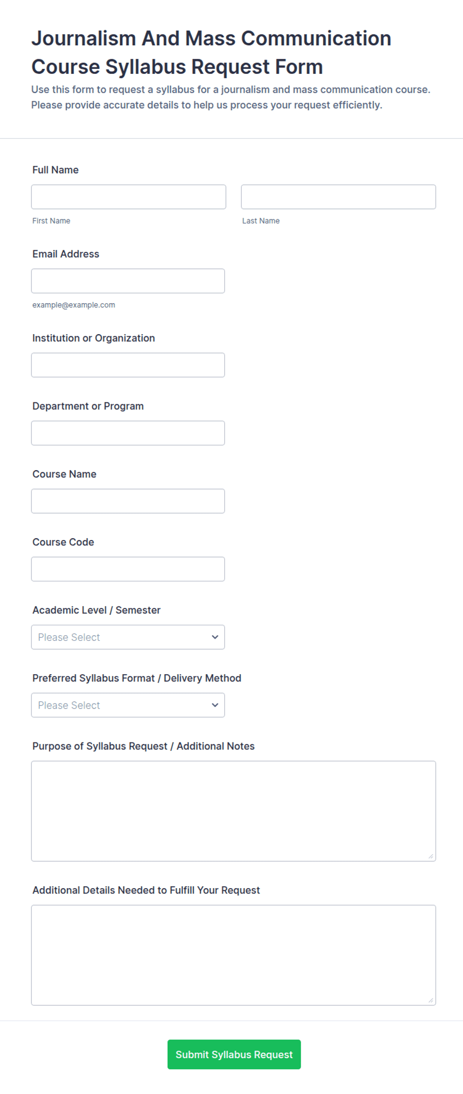Journalism And Mass Communication Course Syllabus Request Form Template ...