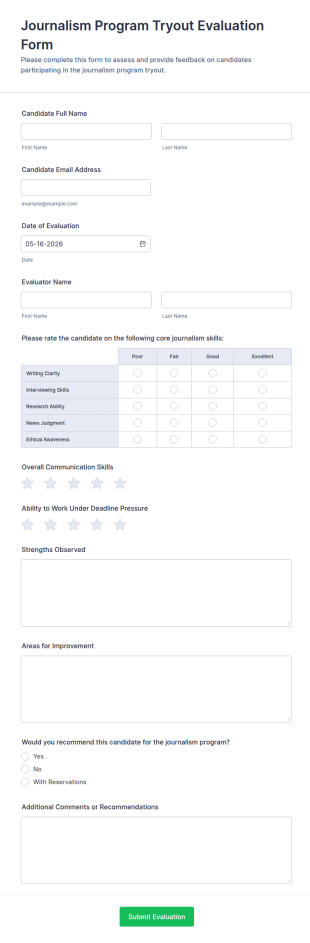 Journalism Program Tryout Evaluation Form Template