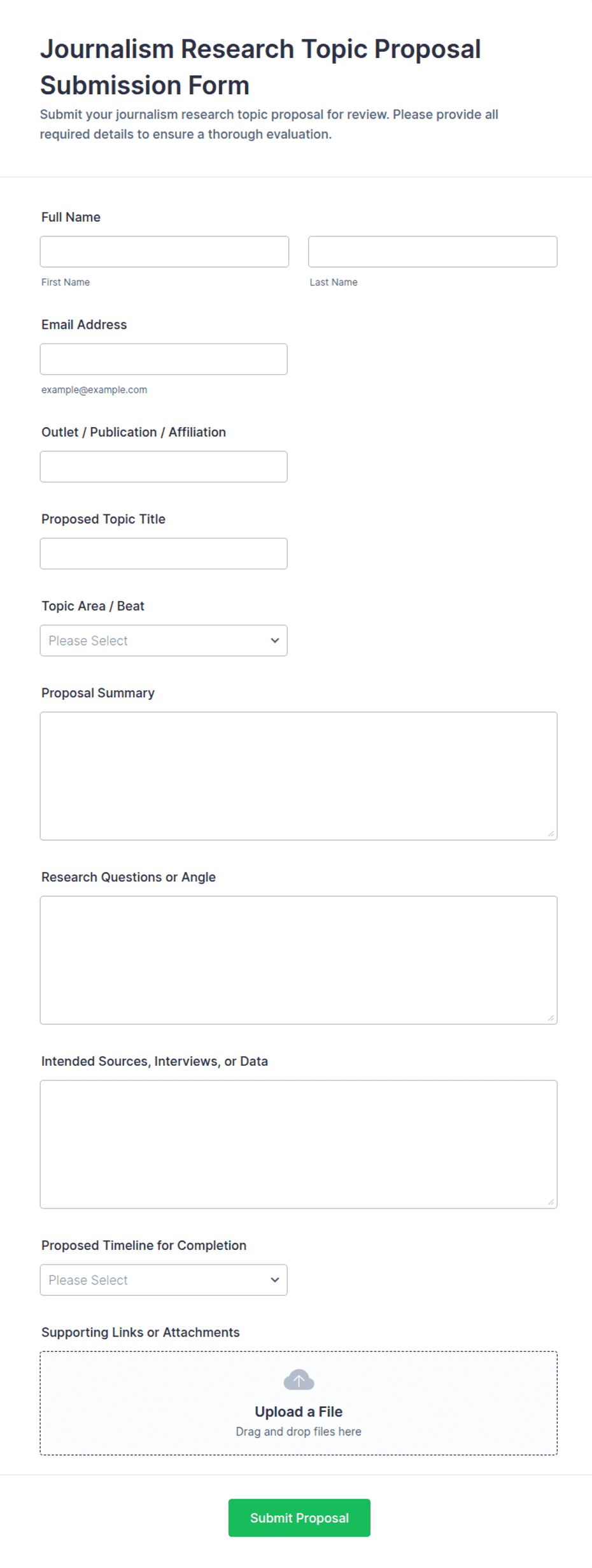 Journalism Research Topic Proposal Submission Form Template | Jotform