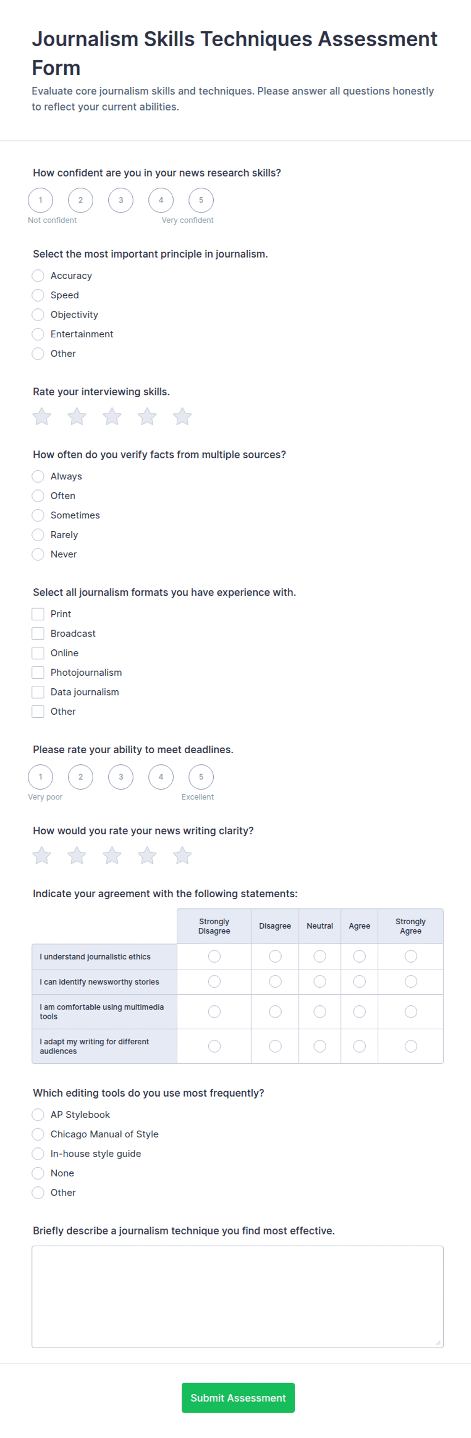 Journalism Skills Techniques Assessment Form Template | Jotform