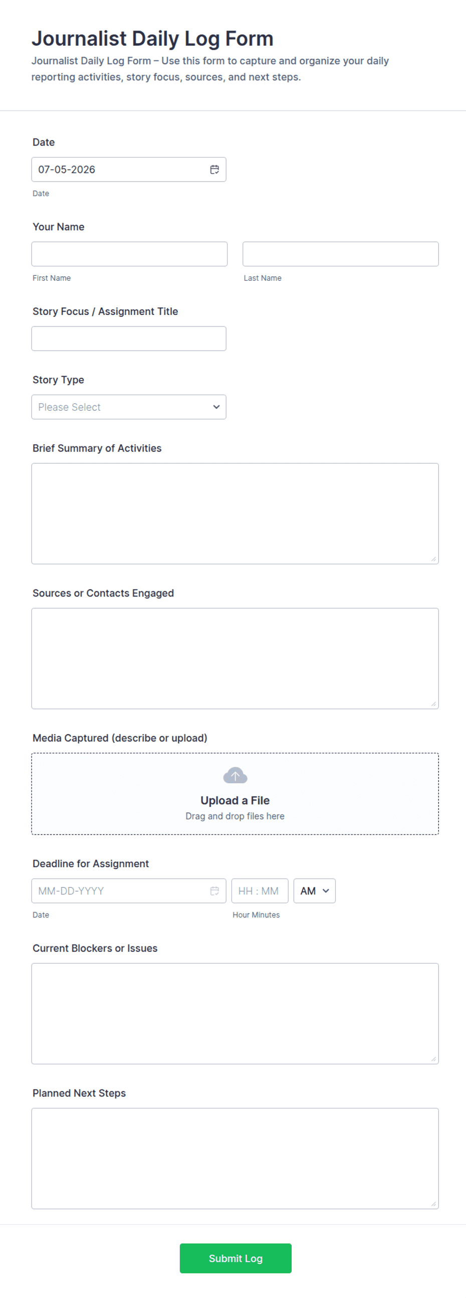 Examples Daily Workflow Journalist Daily Log Form Template | Jotform