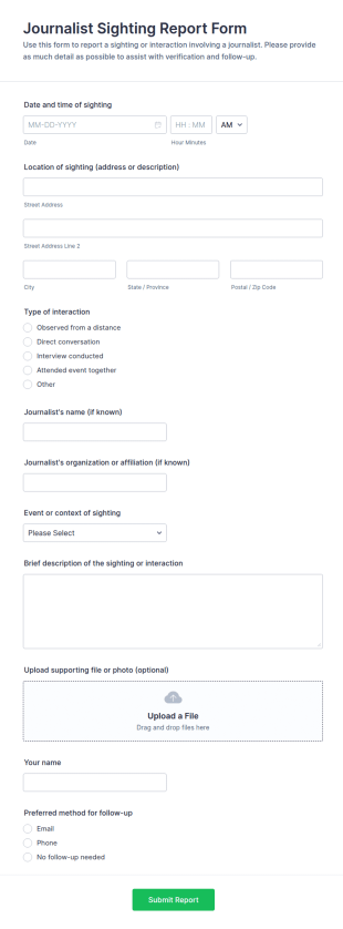 Journalist Sighting Report Form Template