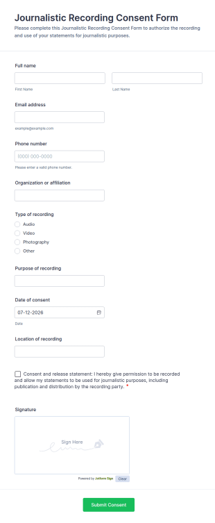 Journalistic Recording Consent Form Template