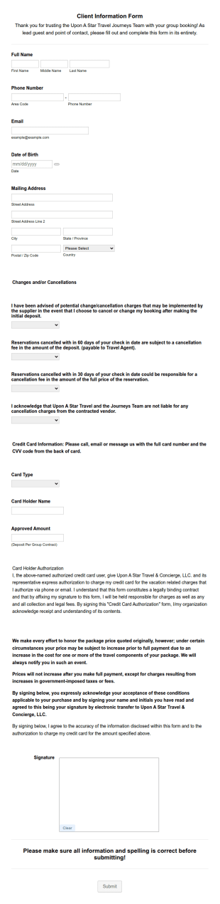 Journeys Team Group Bookings Form Template