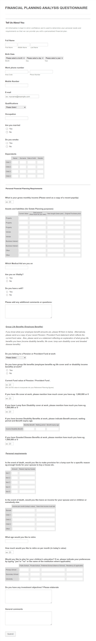 Jpe Brokers Financial Needs Analysis Questionnaire Form Template