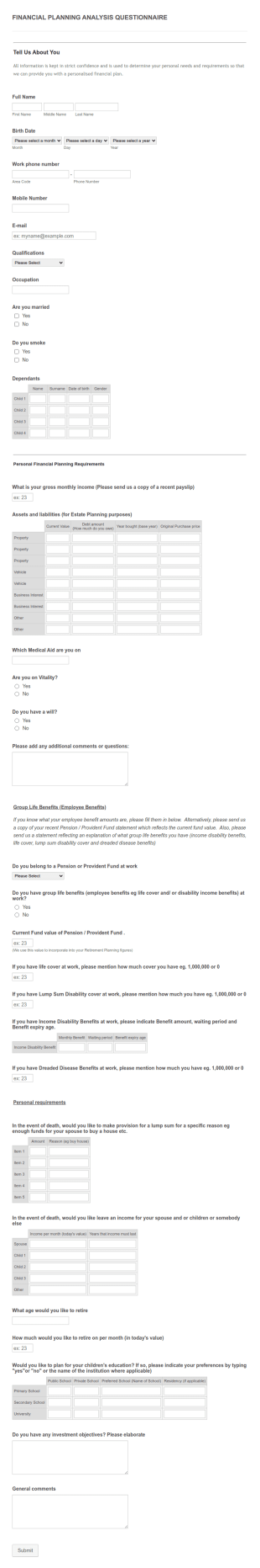 Jpe Brokers Financial Needs Analysis Questionnaire Form Template