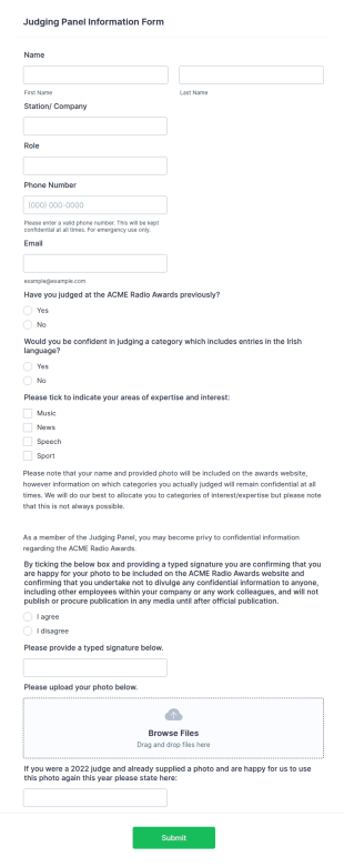 Judging Panel Information Form Template