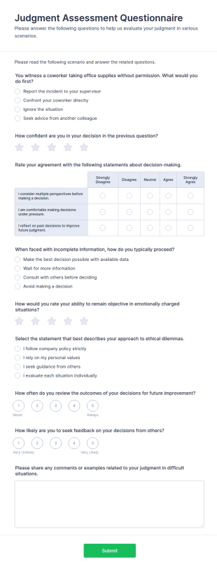 Judgment Assessment Questionnaire Form Template