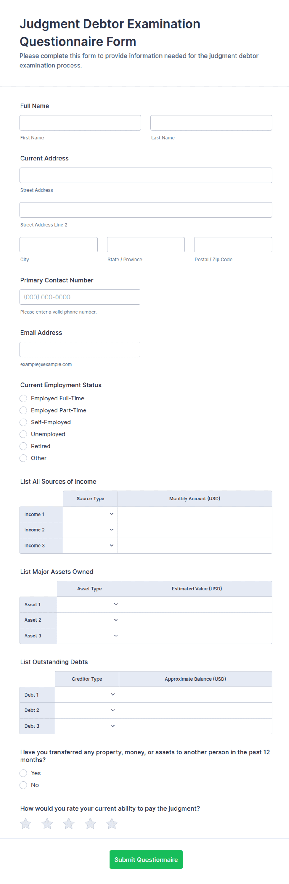 Judgment Debtor Examination Questionnaire Form Template | Jotform
