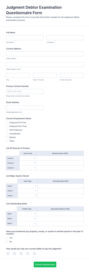 Judgment Debtor Examination Questionnaire Form Template