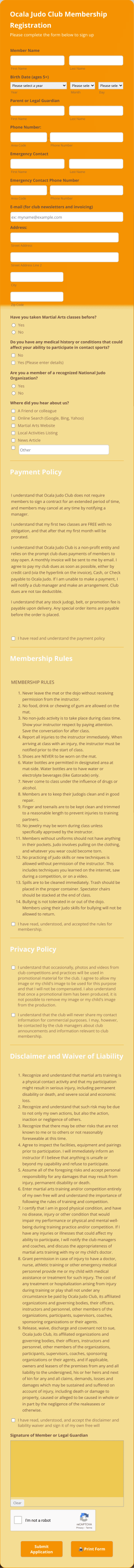 Judo Club Membership Registration Form Template