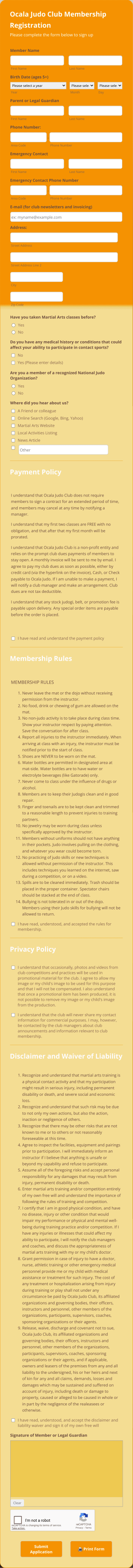 Judo Club Membership Registration Form Template