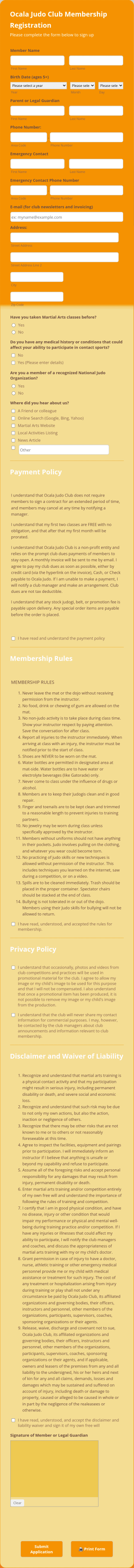 Judo Club Membership Registration Form Template