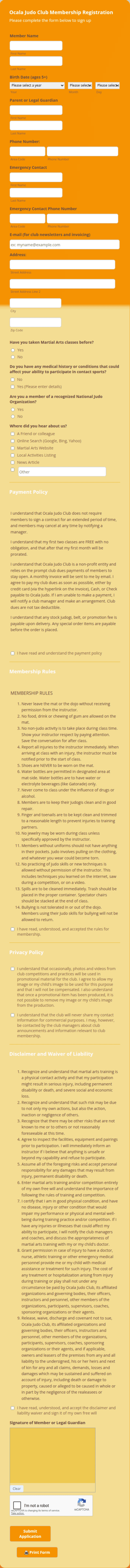 Judo Club Membership Registration Form Template