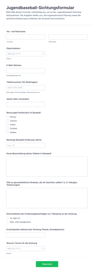 Jugend Baseball Probe Formular