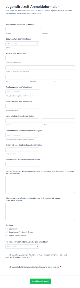 Jugendfreizeit Anmeldeformular
