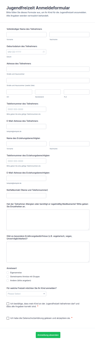 Jugendfreizeit Anmeldeformular
