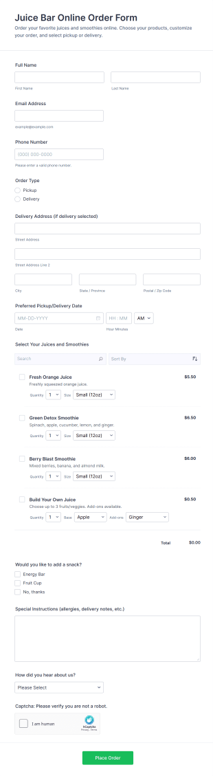Juice Bar Online Order Form Template