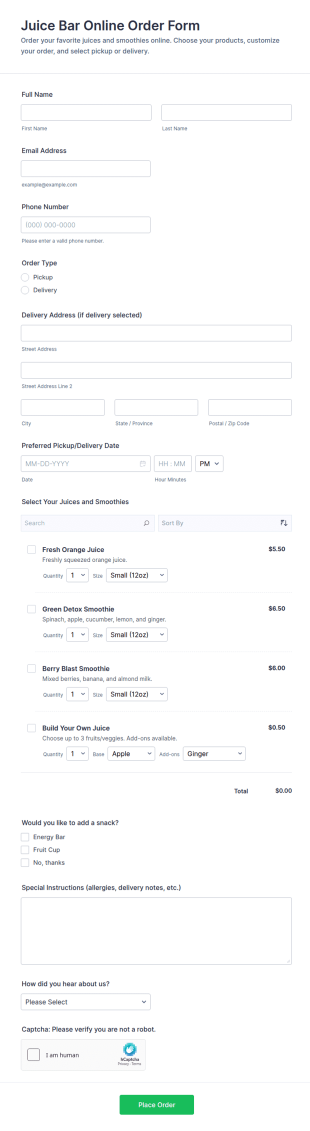 Juice Bar Online Order Form Template