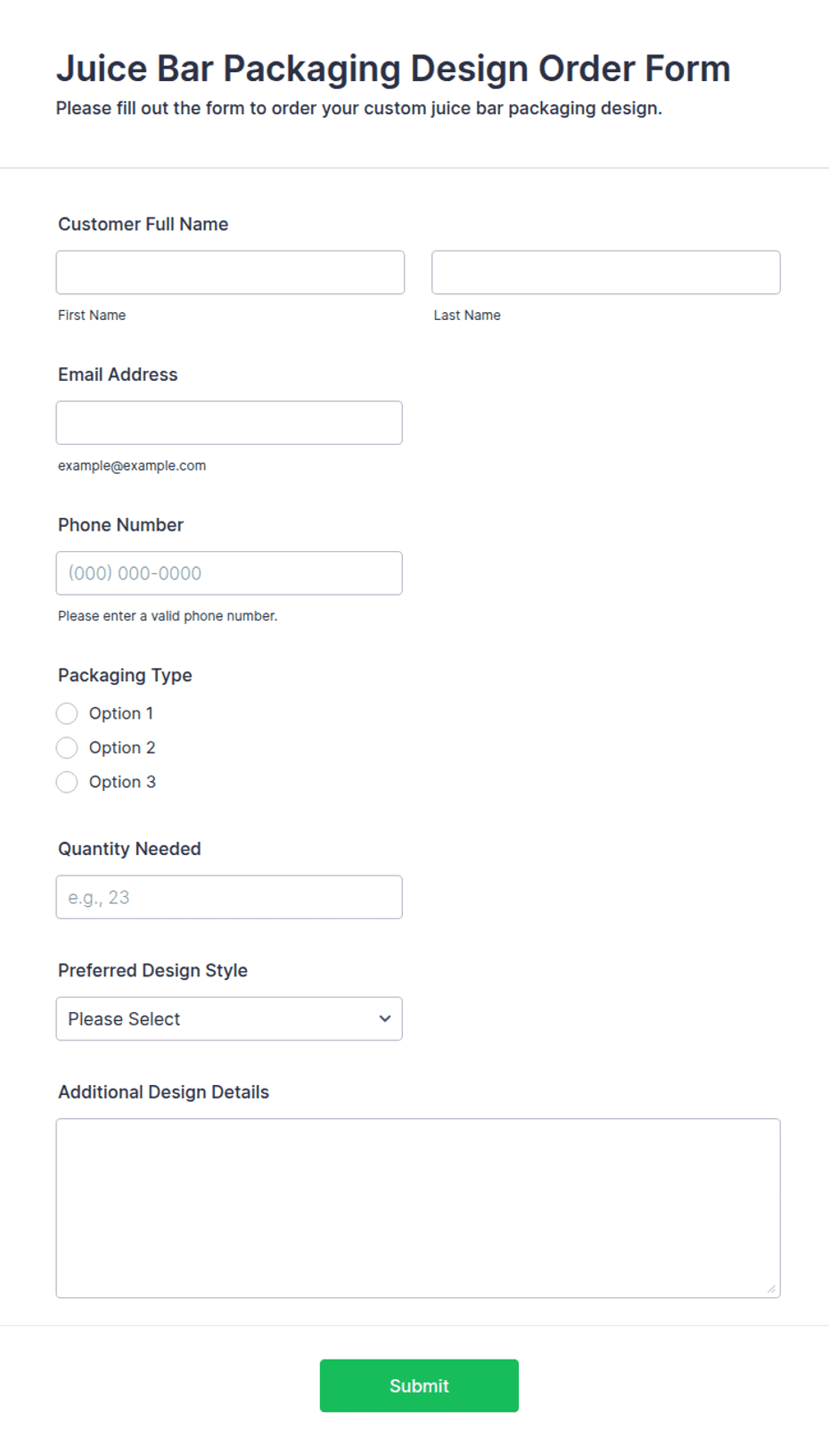 Juice Bar Packaging Design Order Form Template | Jotform
