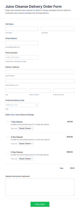 Juice Cleanse Delivery Order Form Template
