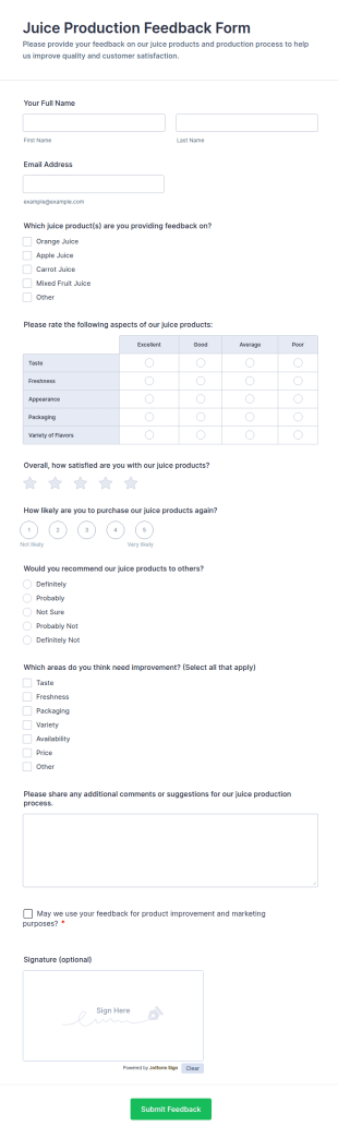 Juice Production Feedback Form Template
