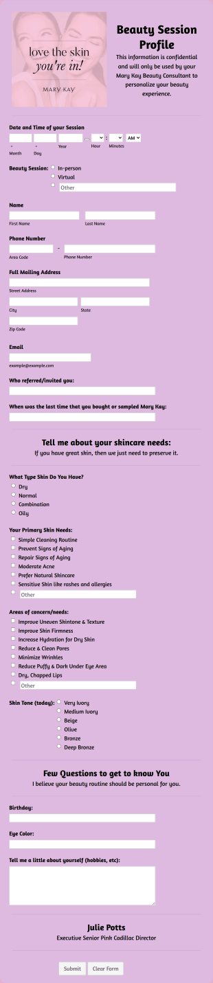Mary Kay Beauty Profile By Julie Potts Form Template