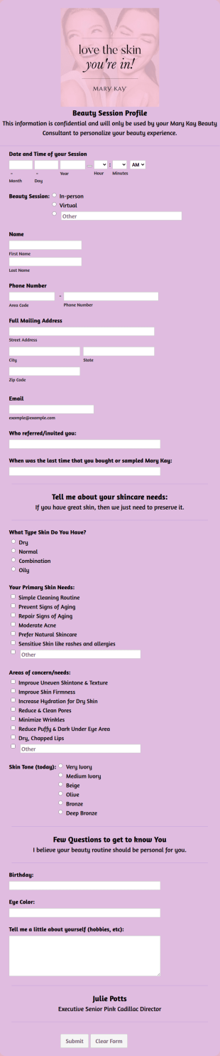 Mary Kay Beauty Profile By Julie Potts Form Template