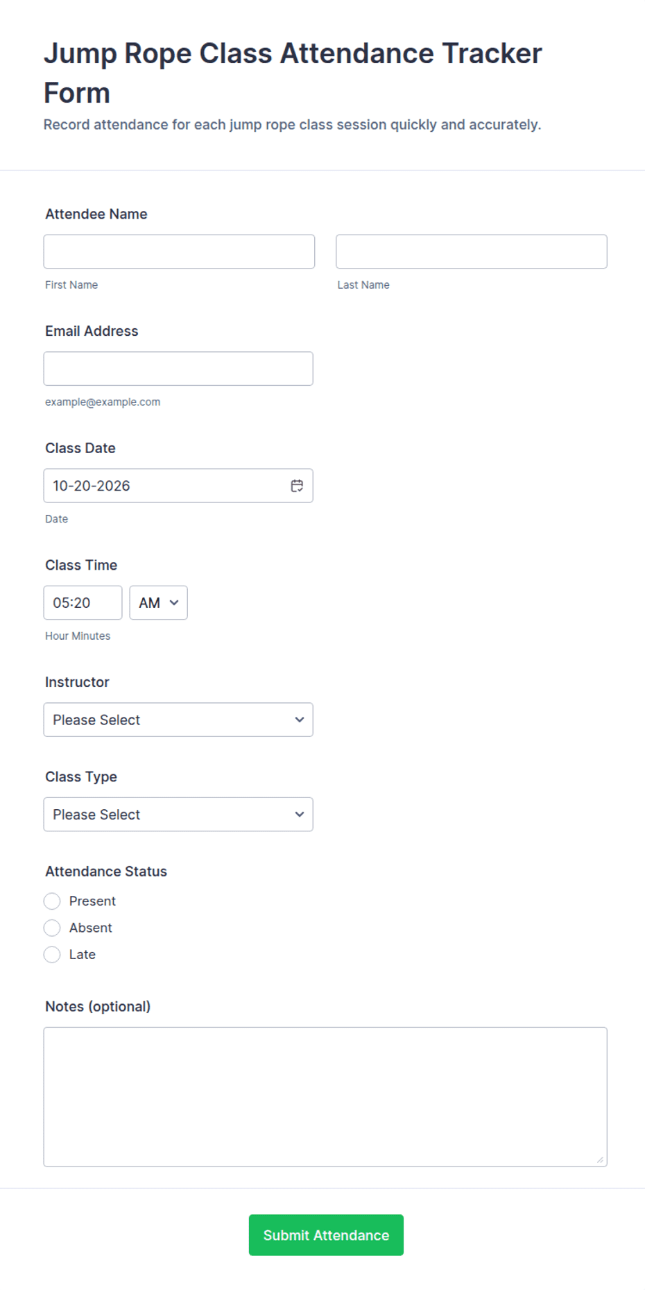 Jump Rope Class Attendance Tracker Form Template | Jotform