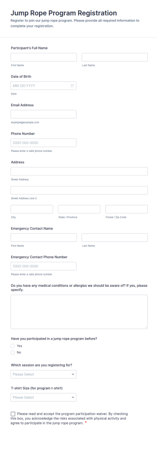 Jump Rope Program Registration Form Template
