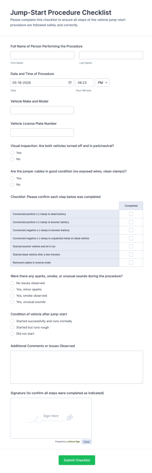Jump Start Procedure Checklist Form Template