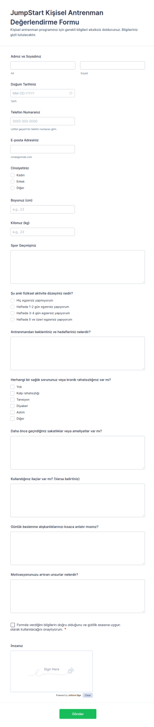 JumpStart Kişisel Antrenman Değerlendirme Form Şablonu