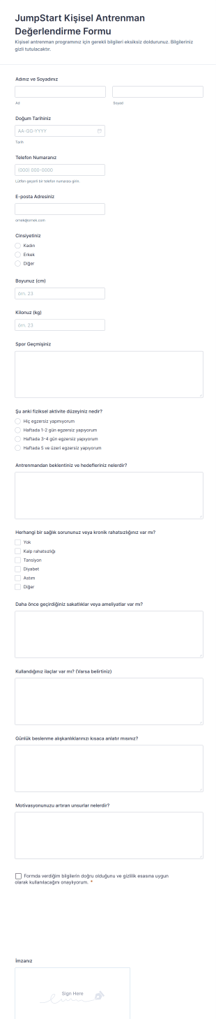 JumpStart Kişisel Antrenman Değerlendirme Form Şablonu