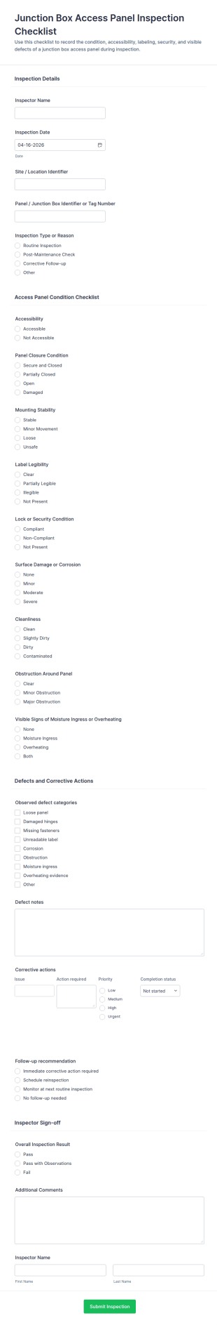 Junction Box Access Panel Inspection Checklist Form Template