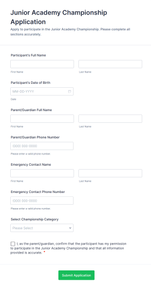 Junior Academy Championship Application Form Template