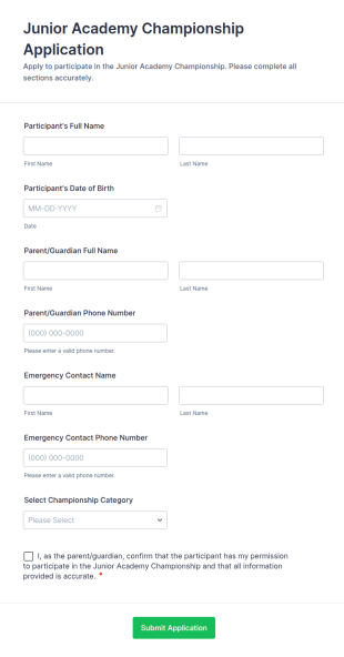 Junior Academy Championship Application Form Template
