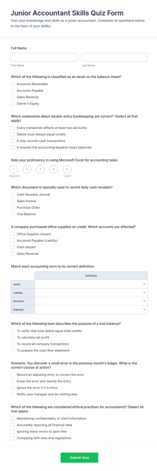 Junior Accountant Skills Quiz Form Template