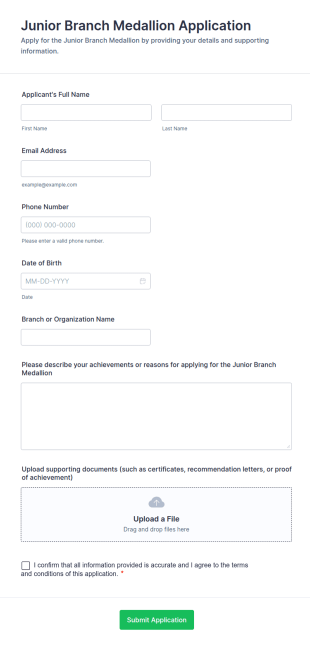 Junior Branch Medallion Application Form Template