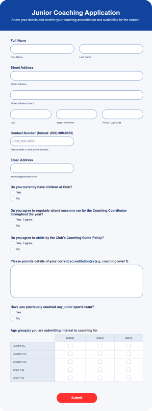Junior Coaching Application Form Template