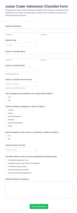 Junior Coder Admission Checklist Form Template