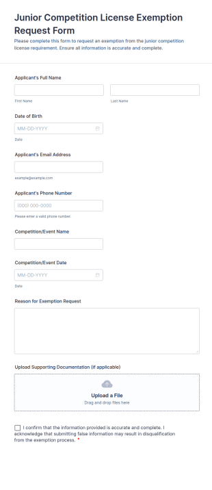 Junior Competition License Exemption Request Form Template