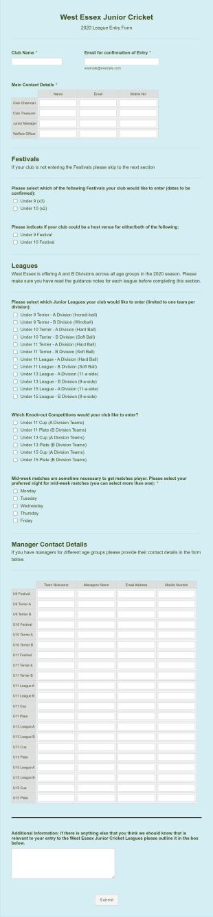 Junior Cricket League Entry Form Template