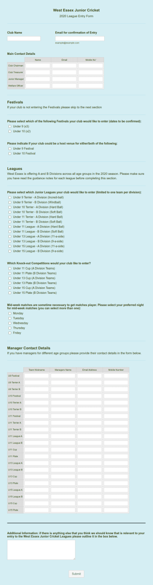 Junior Cricket League Entry Form Template