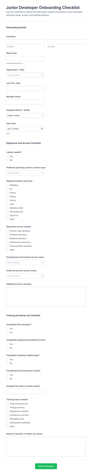 Junior Developer Onboarding Checklist Form Template