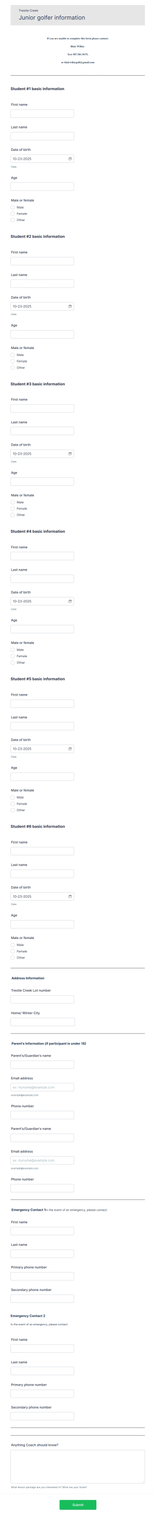 Golf Lesson Information Collection Form Template