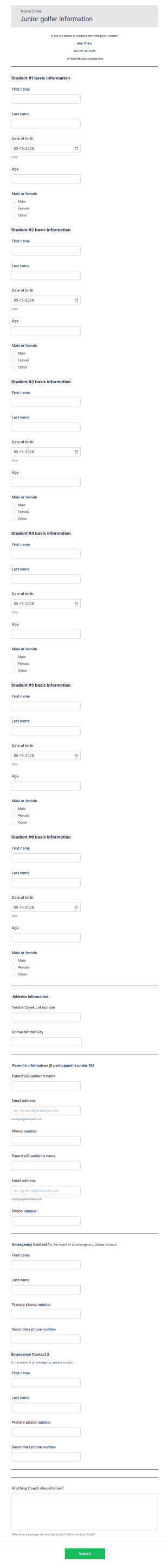 Golf Lesson Information Collection Form Template