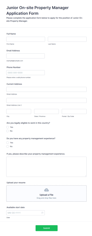 Junior On Site Property Manager Application Form Template