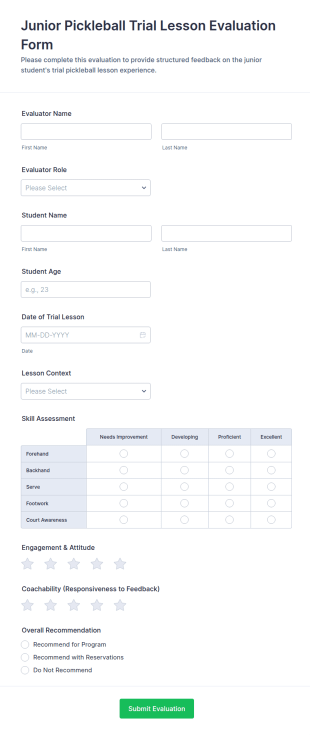 Junior Pickleball Trial Lesson Evaluation Form Template
