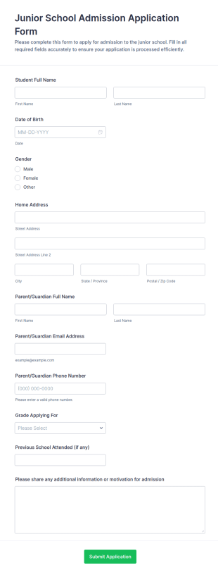 Junior School Admission Application Form Template