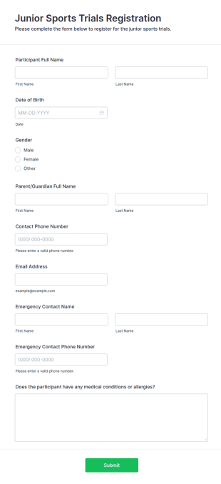 Junior Sports Trials Registration Form Template